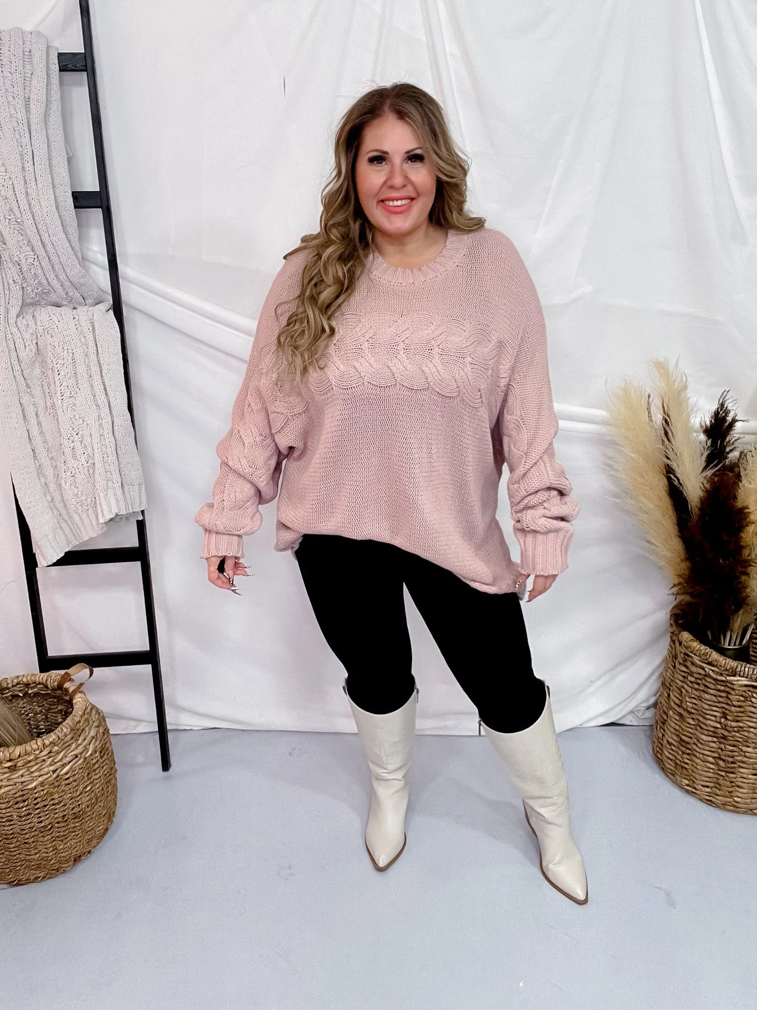 Dusty Rose Cable Knit Sweater