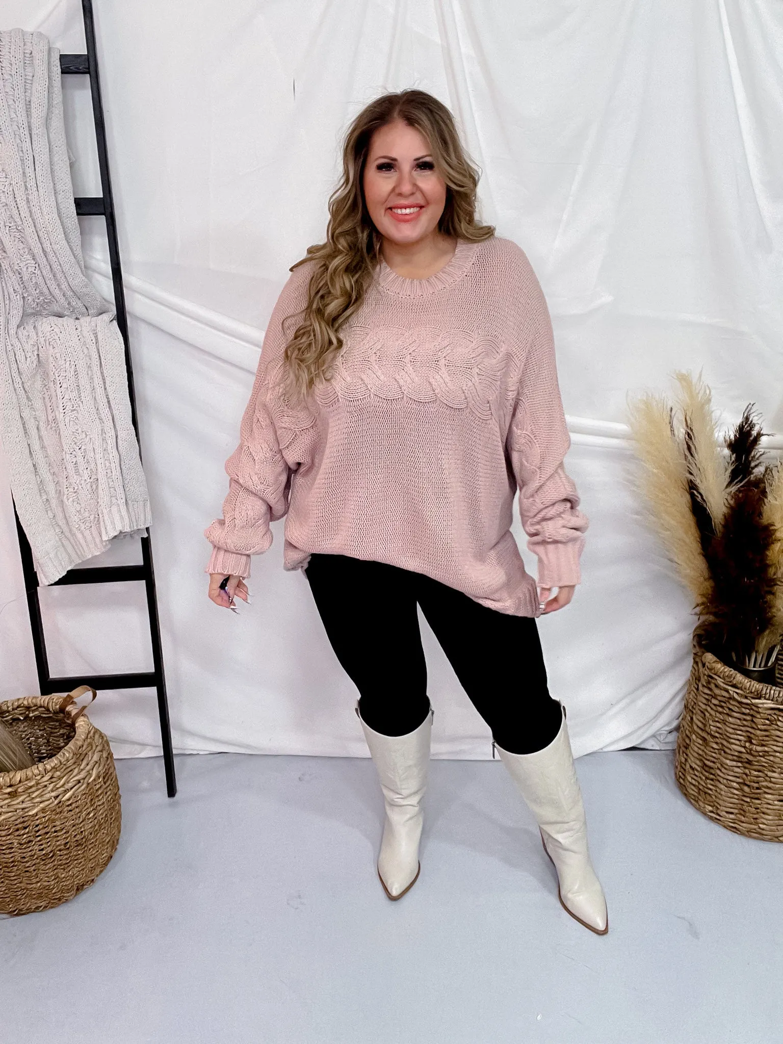 Dusty Rose Cable Knit Sweater