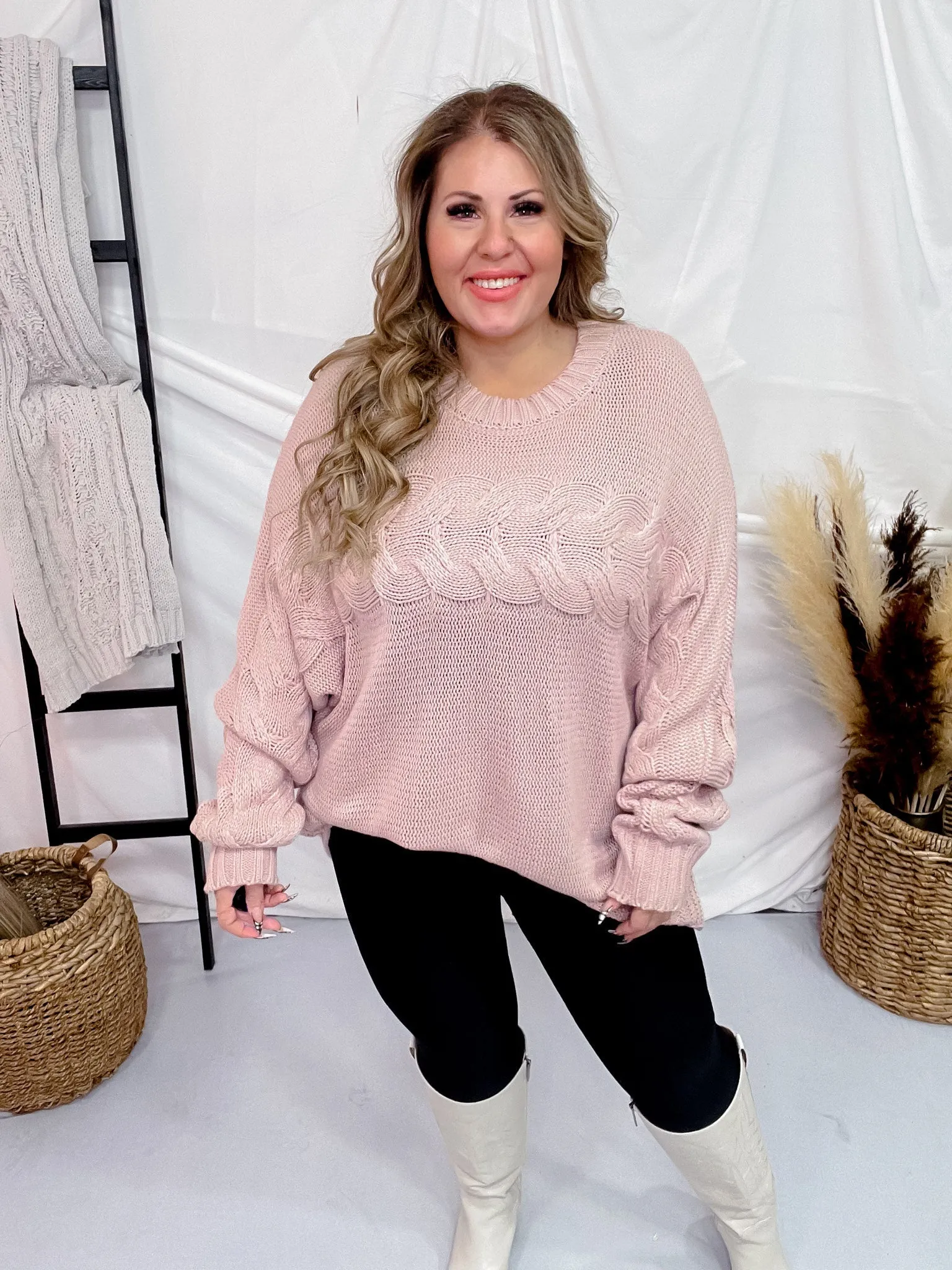 Dusty Rose Cable Knit Sweater