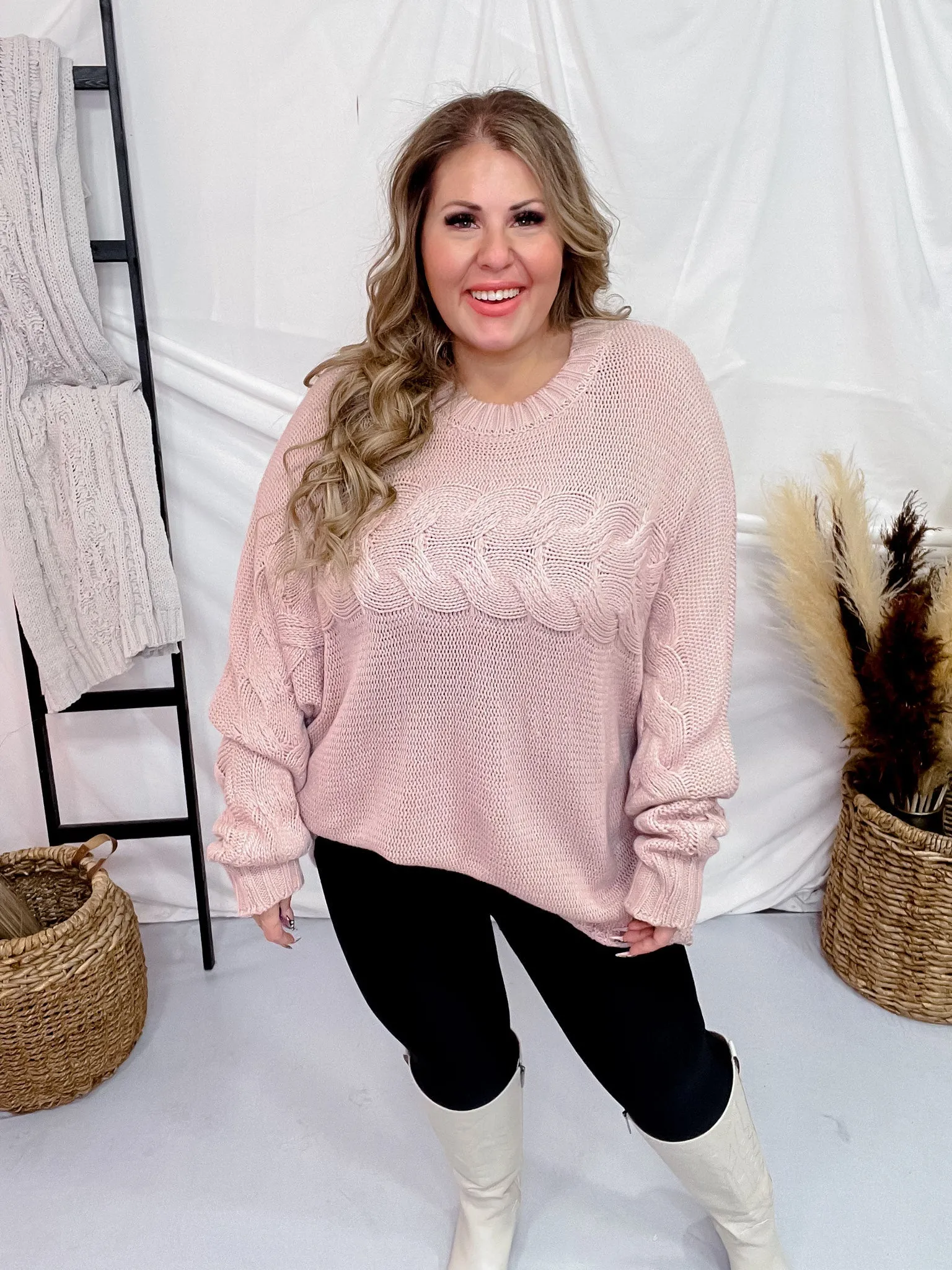 Dusty Rose Cable Knit Sweater