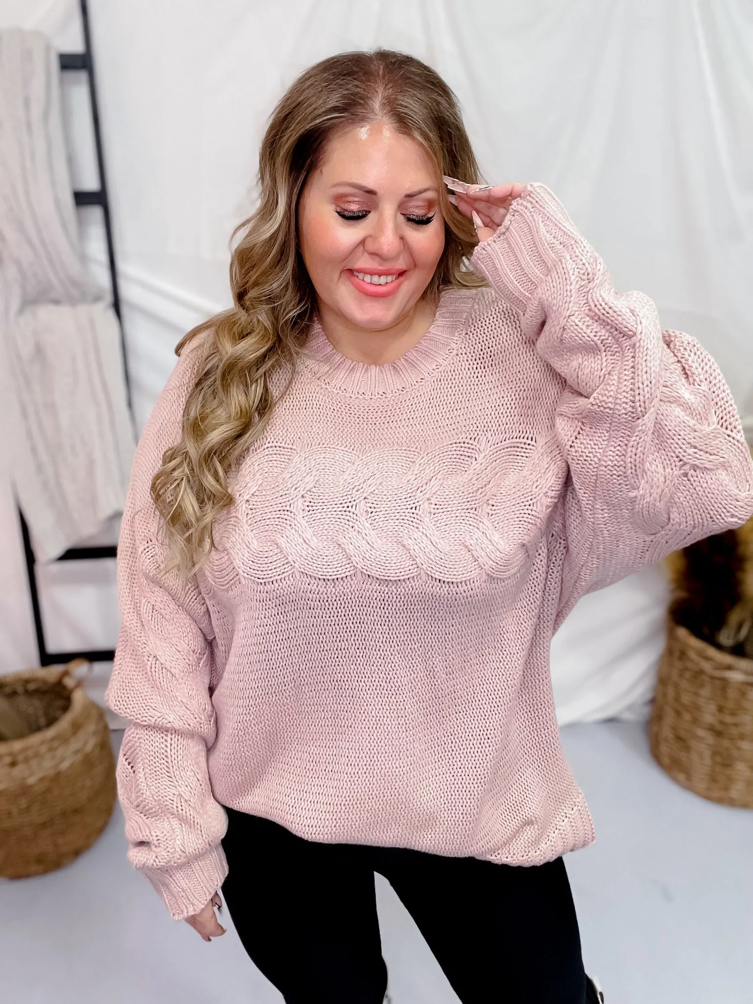 Dusty Rose Cable Knit Sweater