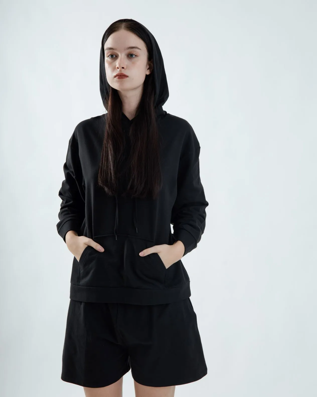 Elastic Waist Cotton Wide Leg Shorts (Black)