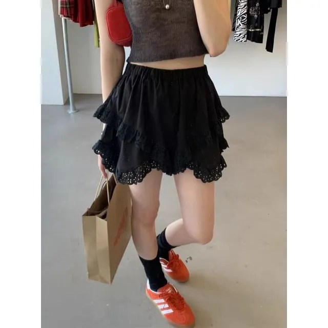 Elastic Waist Plain Asymmetrical Lace Trim Mini A-Line Skirt