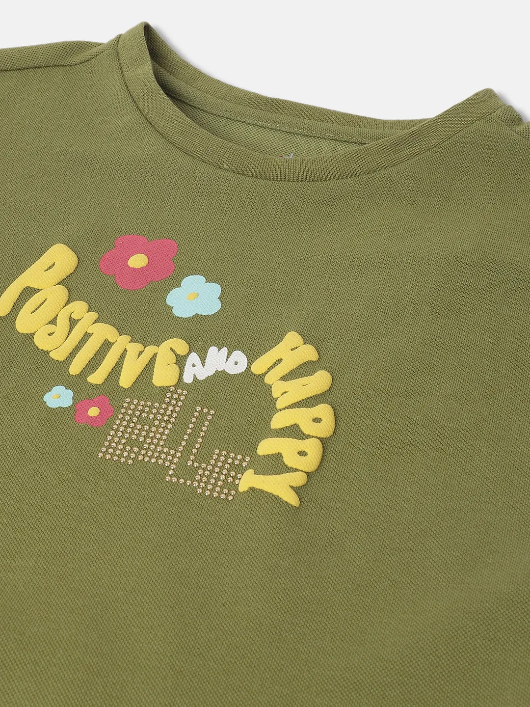 Elle Kids Girls Green Printed Round Neck Sleeveless T-Shirt