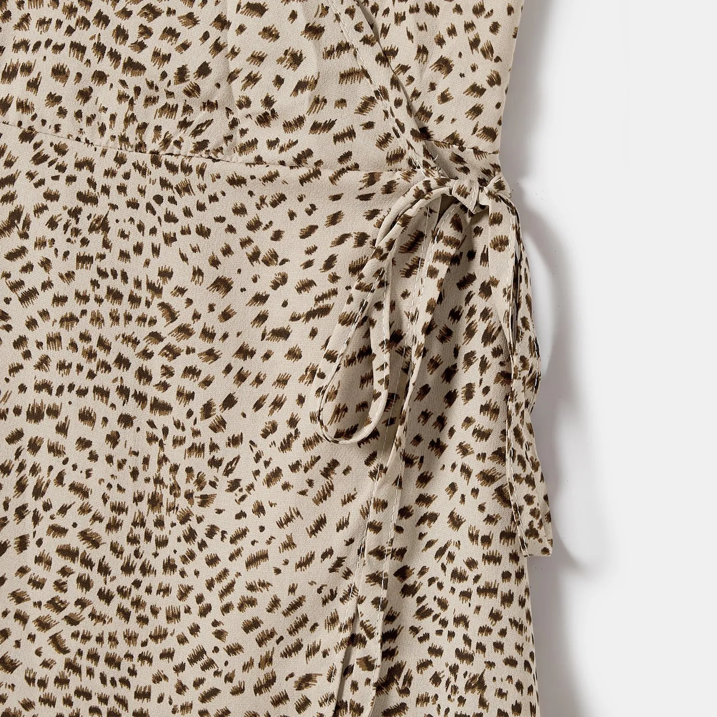 Family Matching Leopard Print Wrap Knot Side Slip Dresses and Short-sleeve Colorblock T-shirts Sets