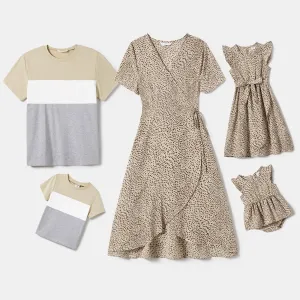 Family Matching Leopard Print Wrap Knot Side Slip Dresses and Short-sleeve Colorblock T-shirts Sets