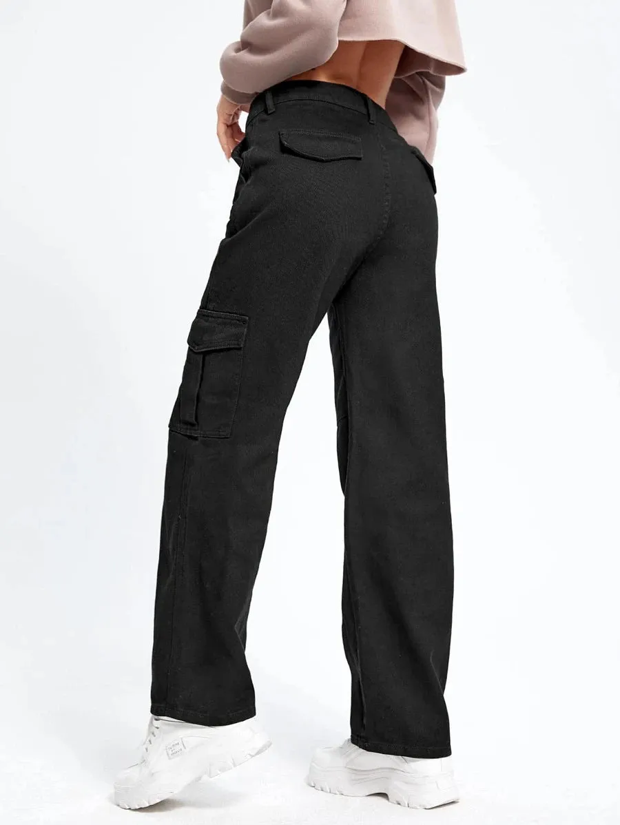 High Denim Waist Flap Pockets Cargo Jeans