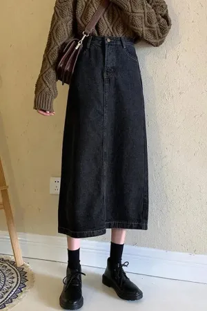 High Waist Medium Long Black Denim Skirts