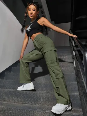 High Waist Western Flap Pocket Ripped Jeans