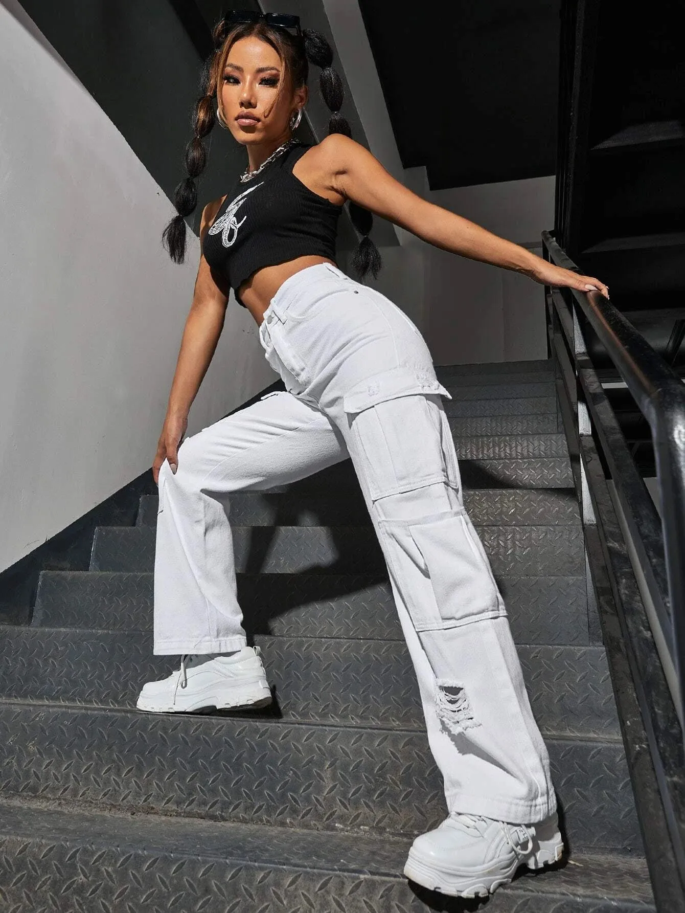 High Waist Western Flap Pocket Ripped Jeans