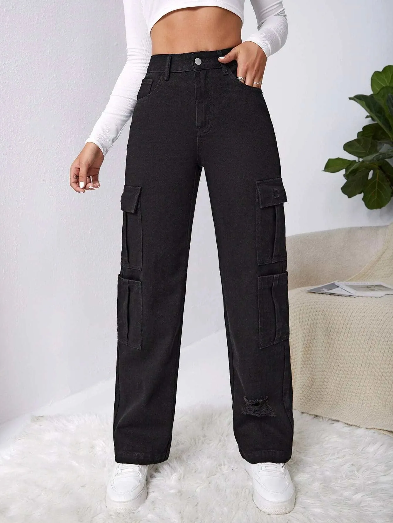 High Waist Western Flap Pocket Ripped Jeans