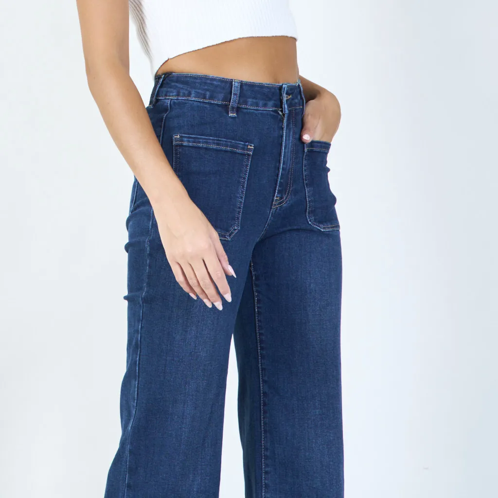 High-waisted wide-leg denim pants with front pockets wholesale