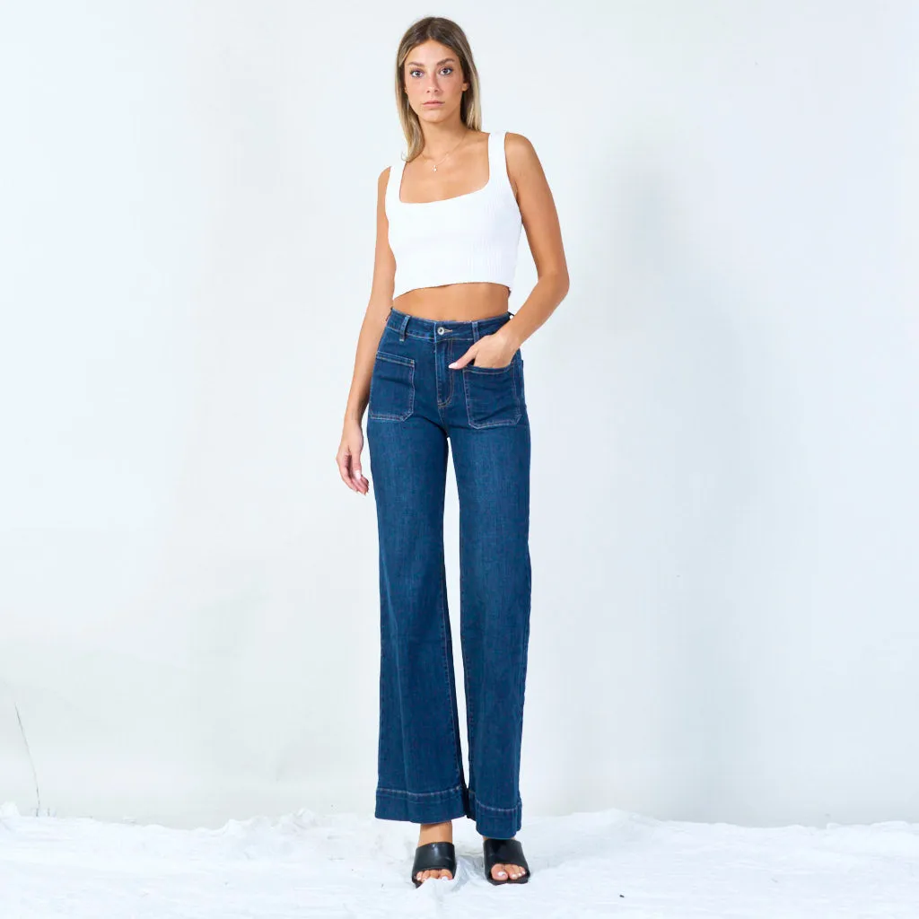 High-waisted wide-leg denim pants with front pockets wholesale