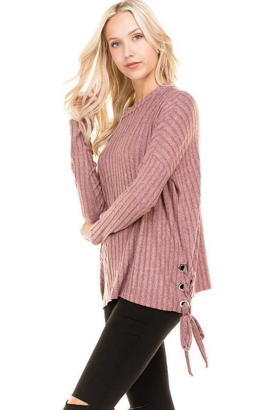 Home for the Weekend Side Lace-Up Ribbed Top