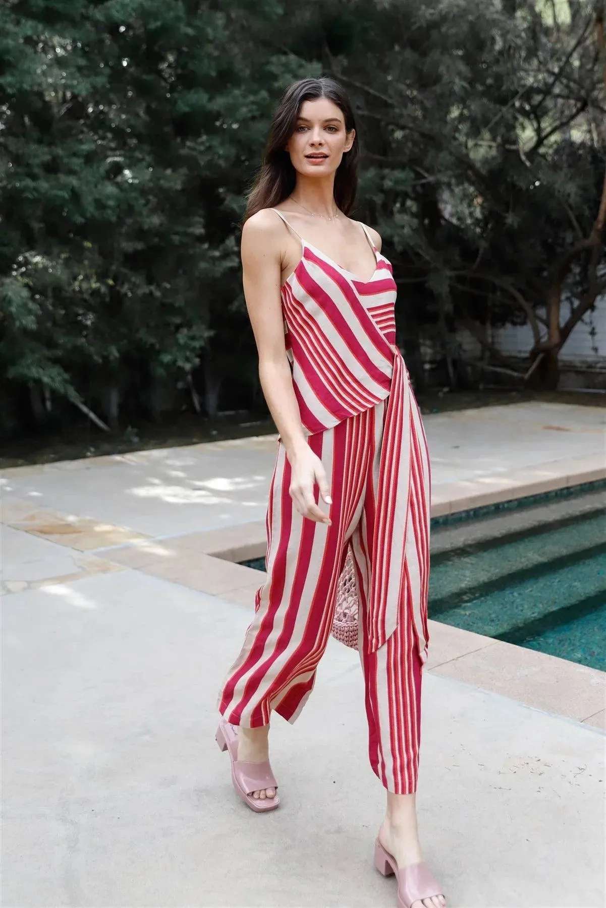 Magenta Multi Color Stripe Front Wrap Self-Tie Detail Wide Leg Jumpsuit /2-2-1