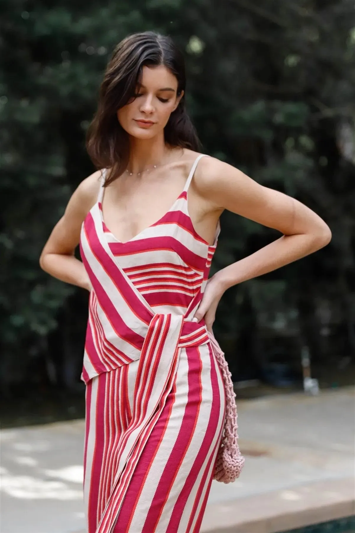 Magenta Multi Color Stripe Front Wrap Self-Tie Detail Wide Leg Jumpsuit /2-2-1