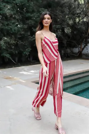 Magenta Multi Color Stripe Front Wrap Self-Tie Detail Wide Leg Jumpsuit /2-2-1