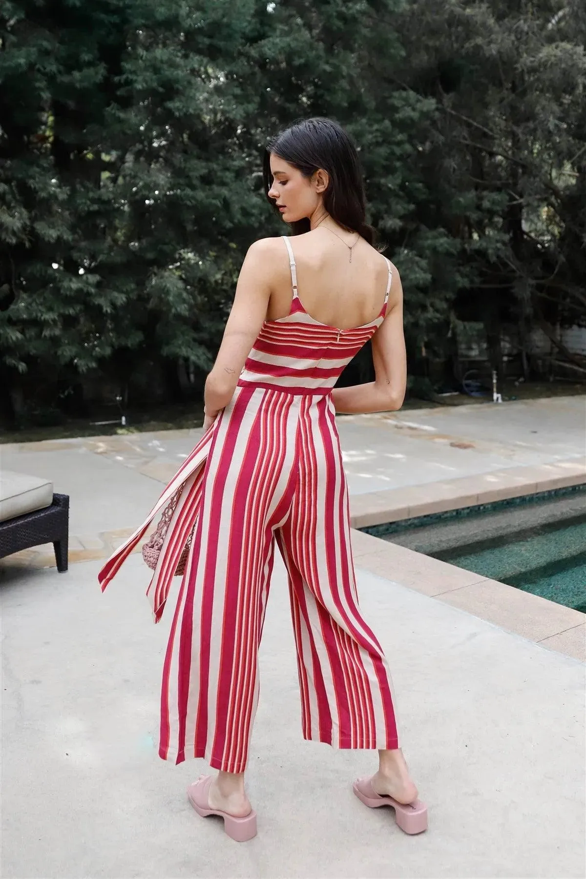 Magenta Multi Color Stripe Front Wrap Self-Tie Detail Wide Leg Jumpsuit /2-2-1