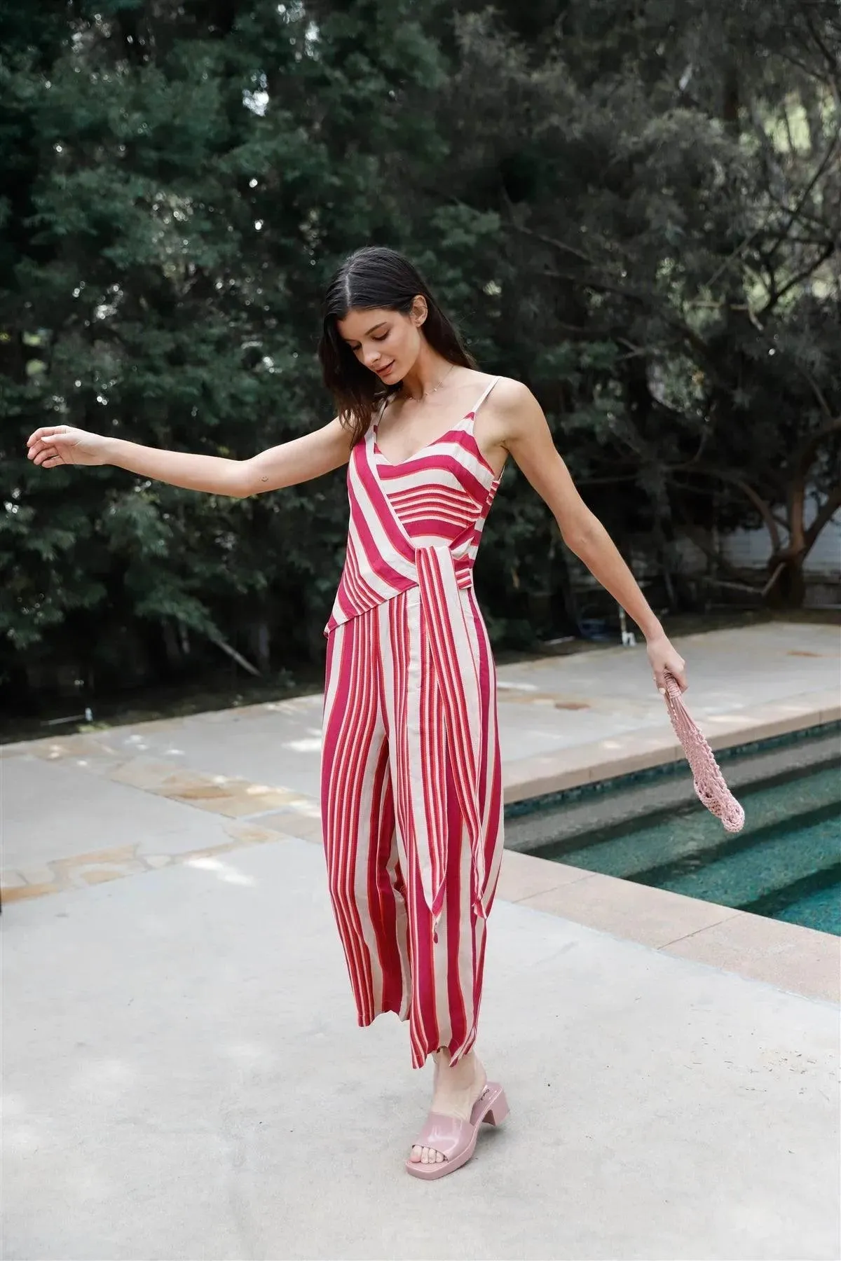 Magenta Multi Color Stripe Front Wrap Self-Tie Detail Wide Leg Jumpsuit /2-2-1