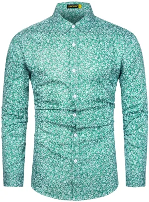 Men's Casual Mint Floral Long Sleeve Button Up Shirt
