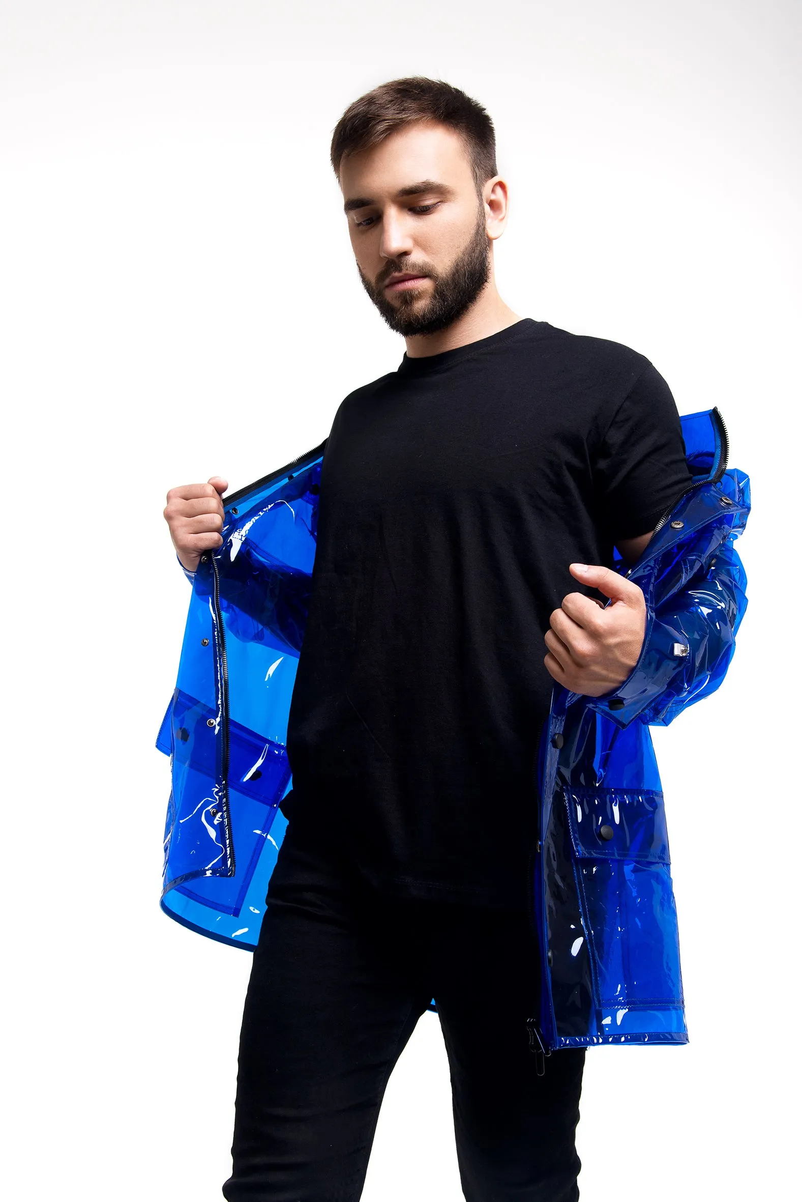 Men’s designed Rain Jacket with removable hood! Men’s transparent clothing.
