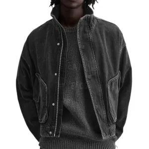 Men's Stylish Stand Collar Black Denim Jacket 75778749F