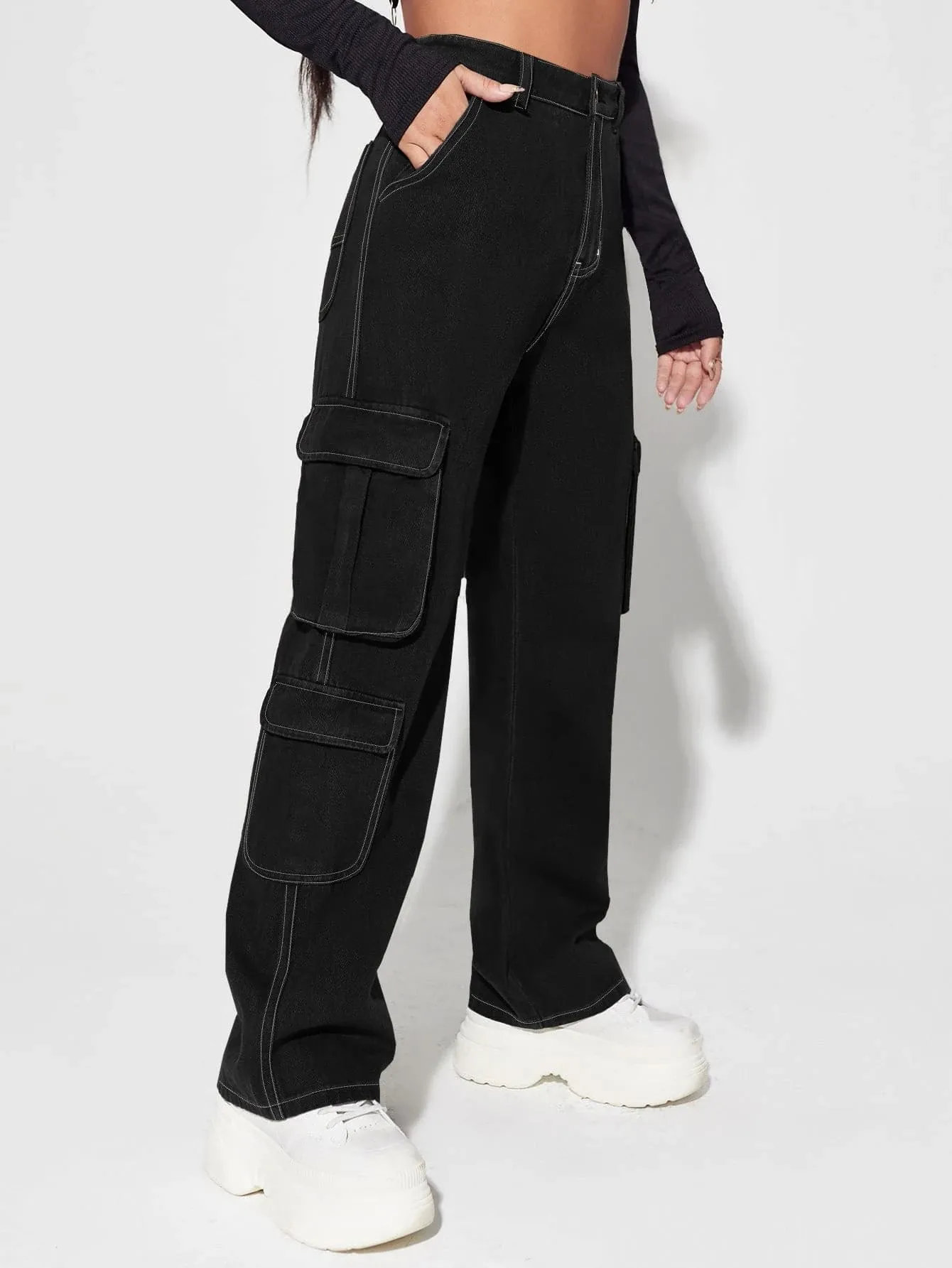 Non-Stretch Zipper Cargo Jeans