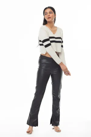 OFF WHITE STRIPED V NECK CROP SWEATER