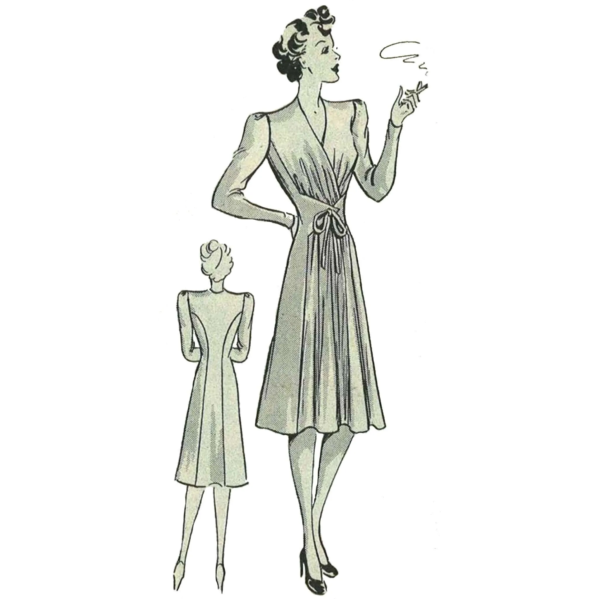 PDF - 1940's Pattern - Tie Front Frock Dress Wrap Adjustable  - Bust 36" (91.4cm) - Download
