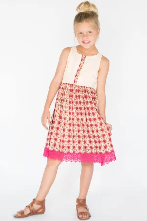 Pink Floral Lace-Trim A-Line Dress