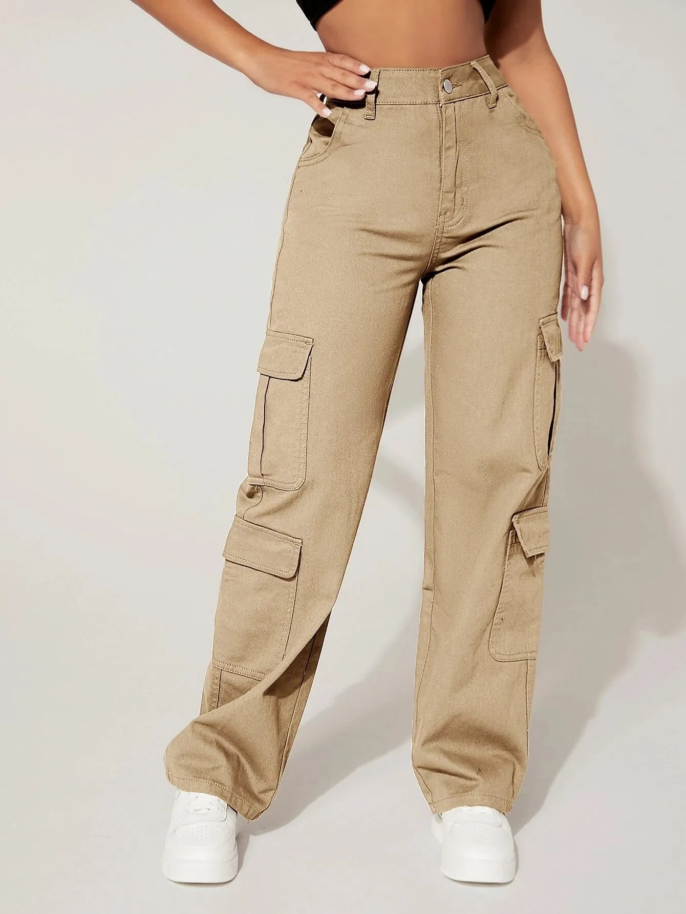 Plain Straight Leg Flap Pocket Cargo Pants