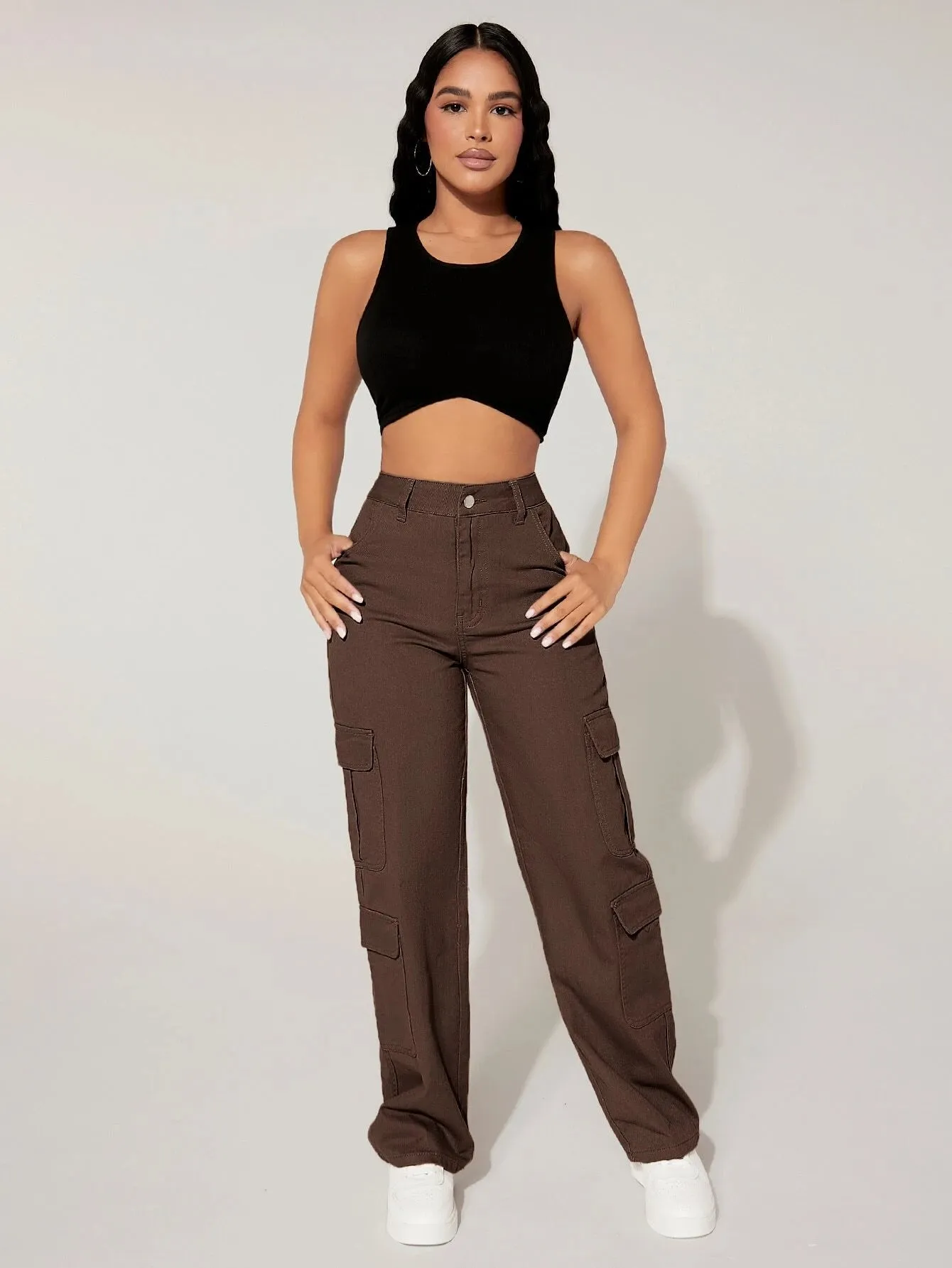 Plain Straight Leg Flap Pocket Cargo Pants
