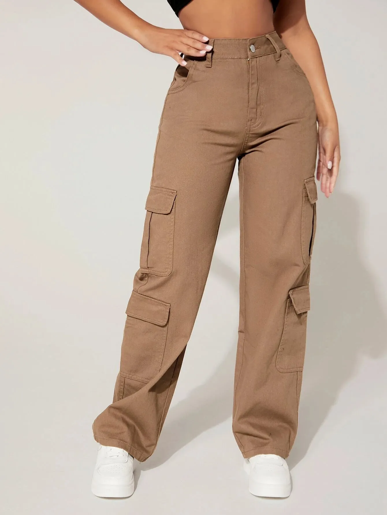 Plain Straight Leg Flap Pocket Cargo Pants
