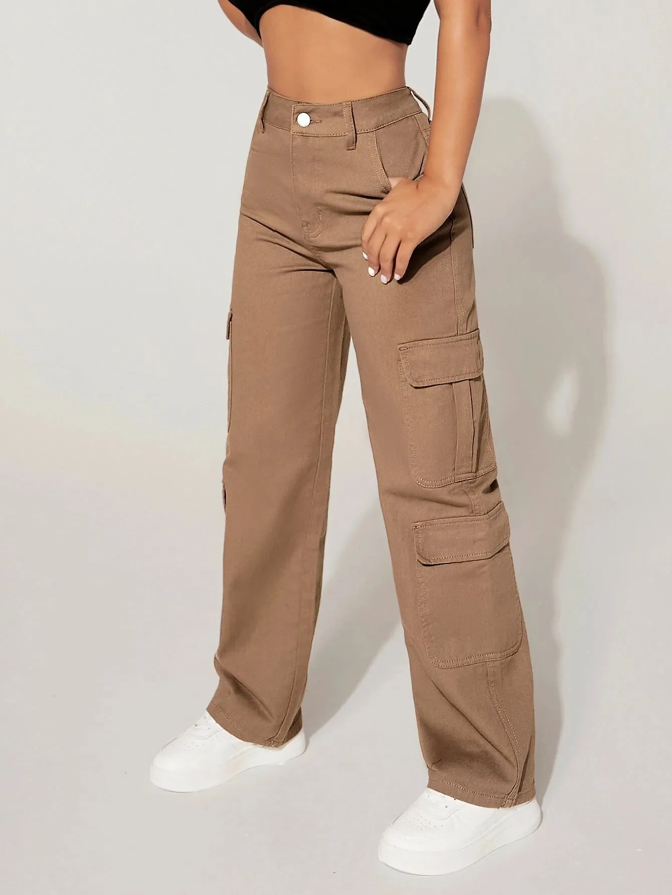 Plain Straight Leg Flap Pocket Cargo Pants