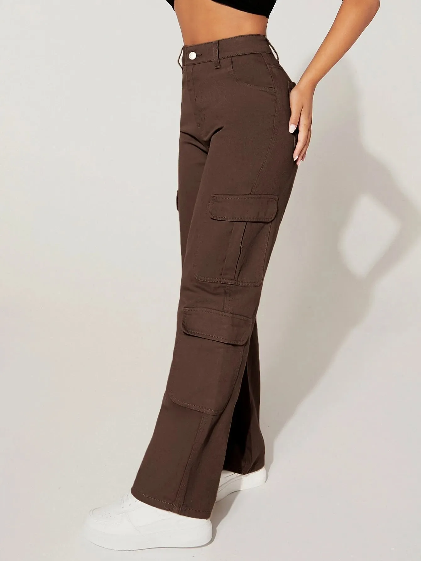 Plain Straight Leg Flap Pocket Cargo Pants