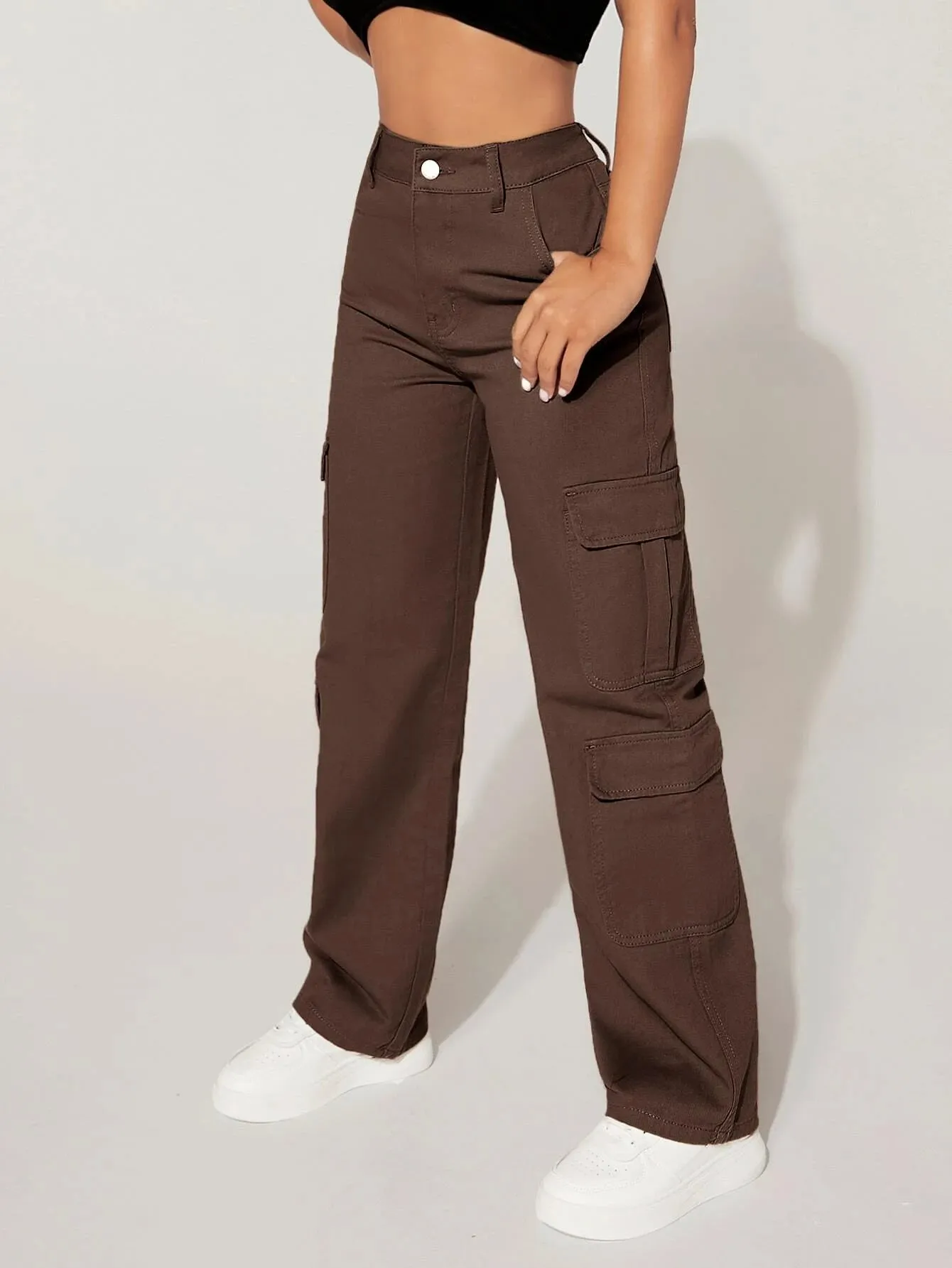 Plain Straight Leg Flap Pocket Cargo Pants