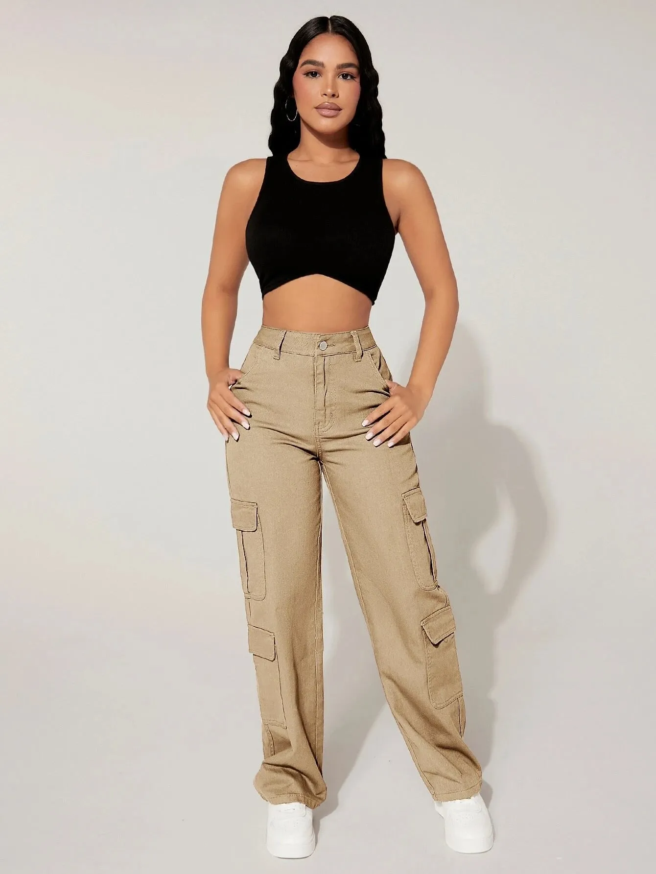 Plain Straight Leg Flap Pocket Cargo Pants