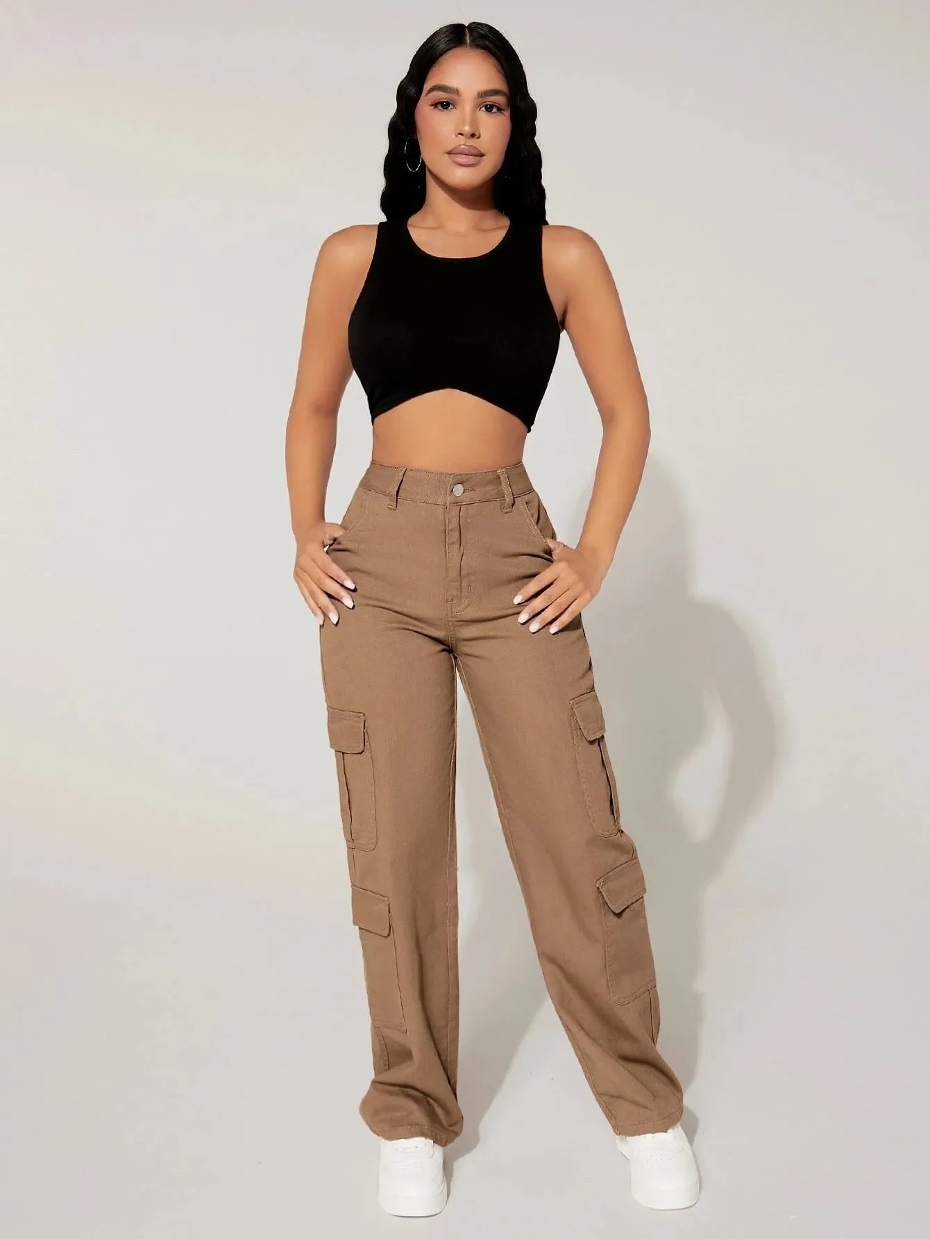 Plain Straight Leg Flap Pocket Cargo Pants