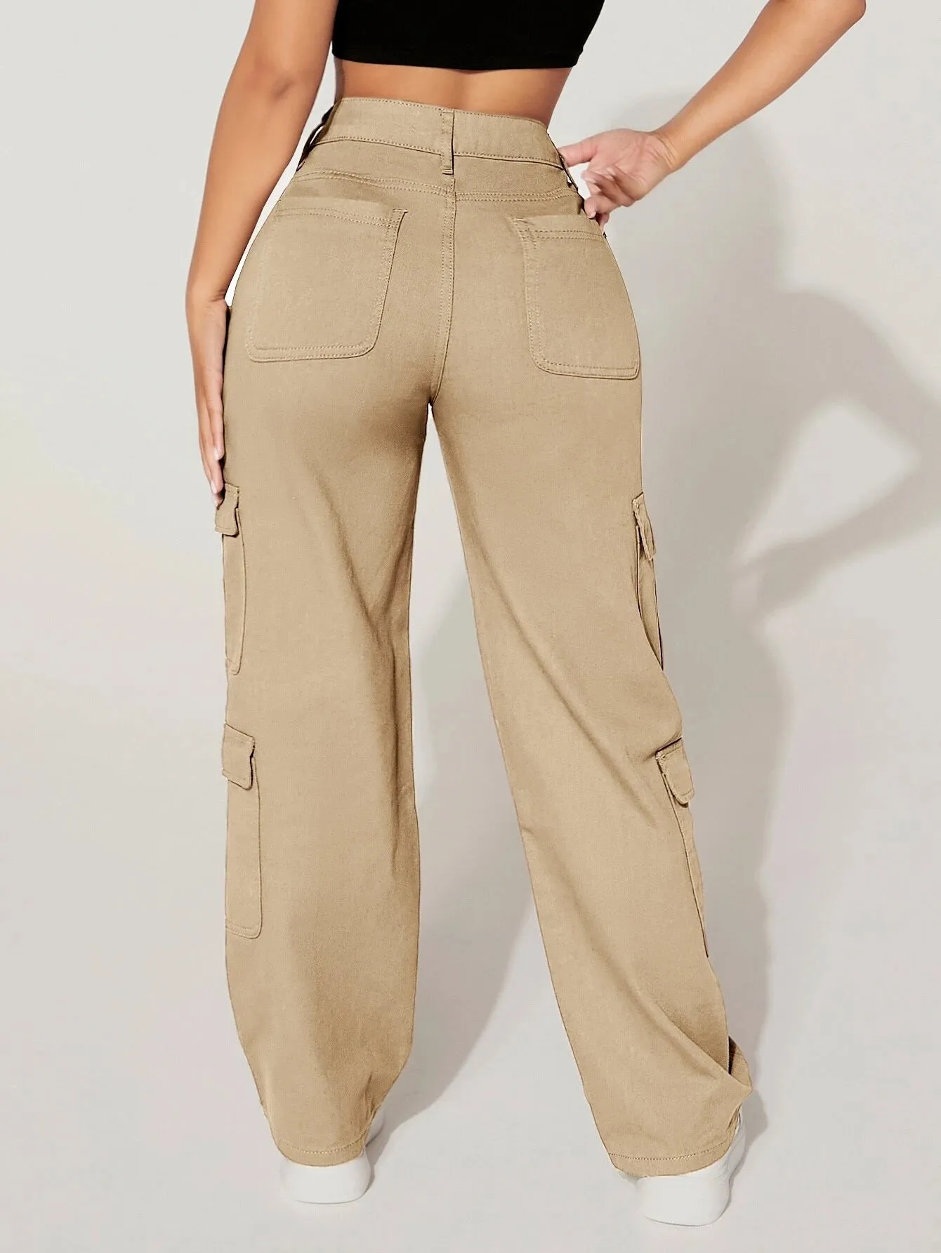 Plain Straight Leg Flap Pocket Cargo Pants