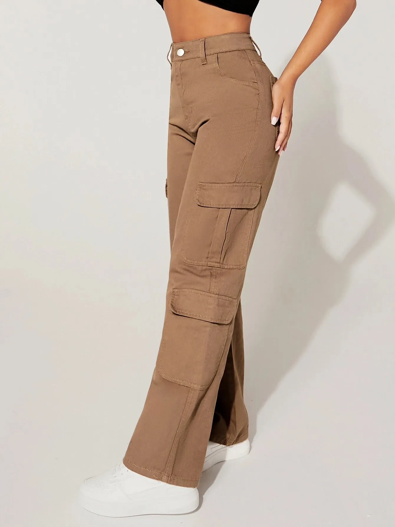 Plain Straight Leg Flap Pocket Cargo Pants