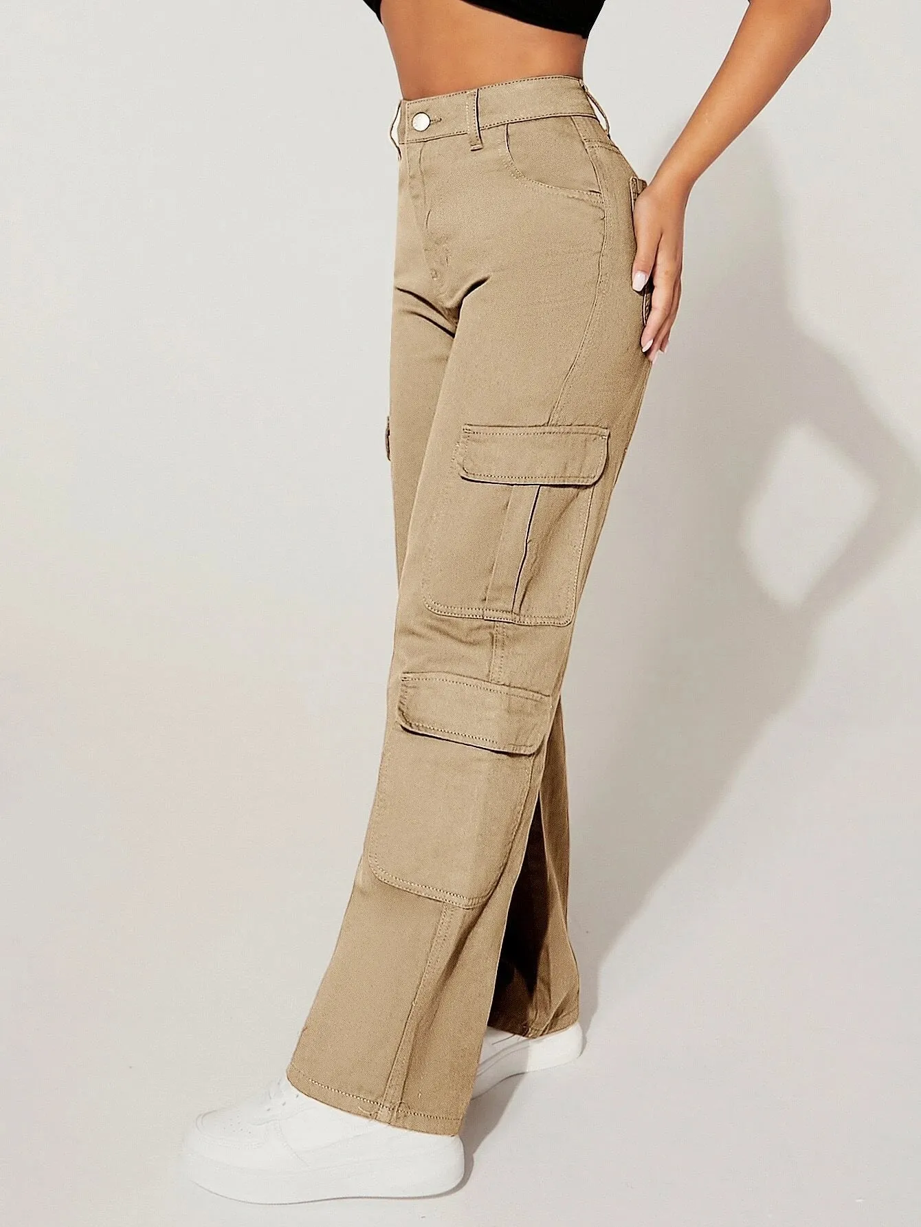 Plain Straight Leg Flap Pocket Cargo Pants
