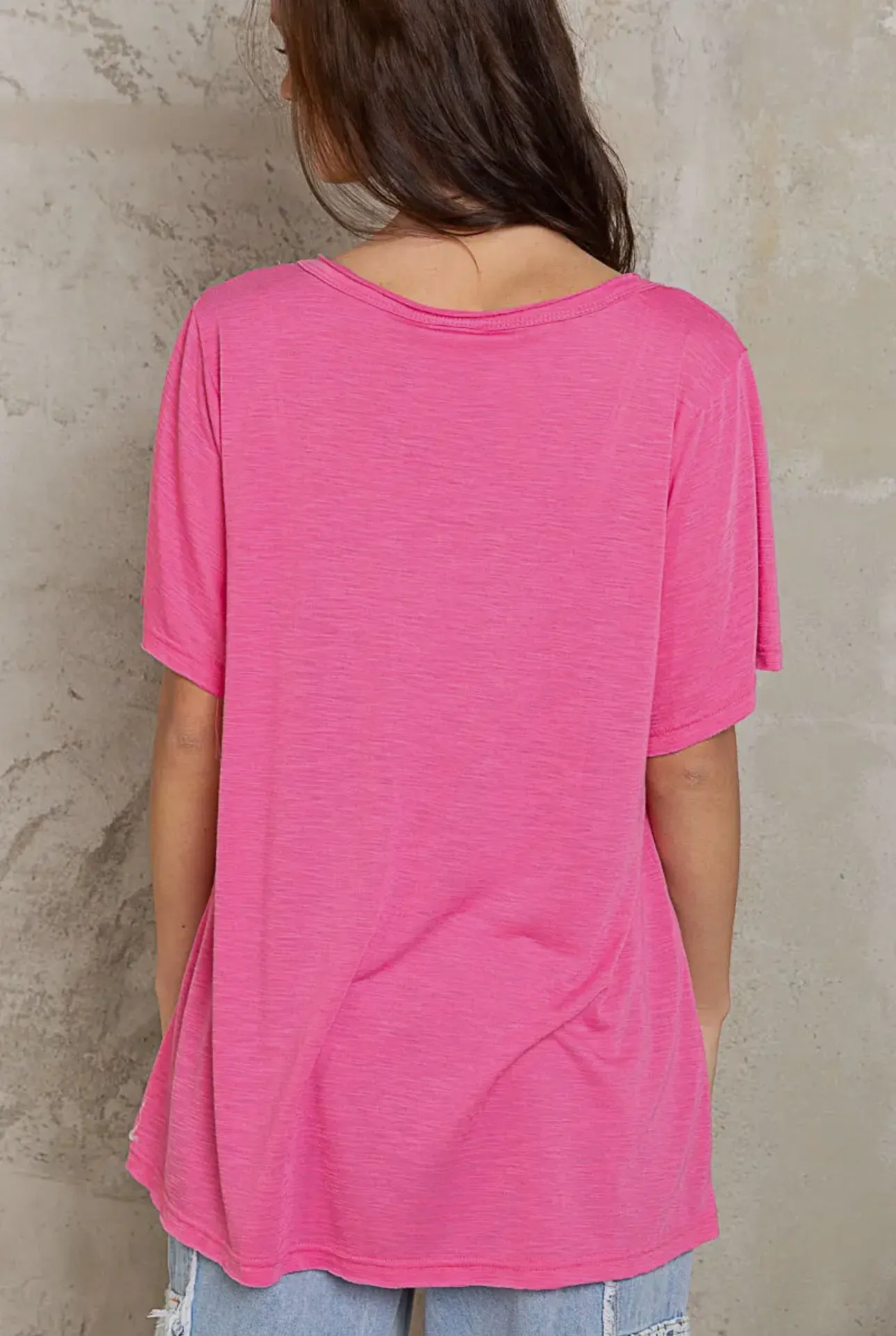 POL Flamingo Pink Slub Knit V-Neck Short Sleeve T-Shirt