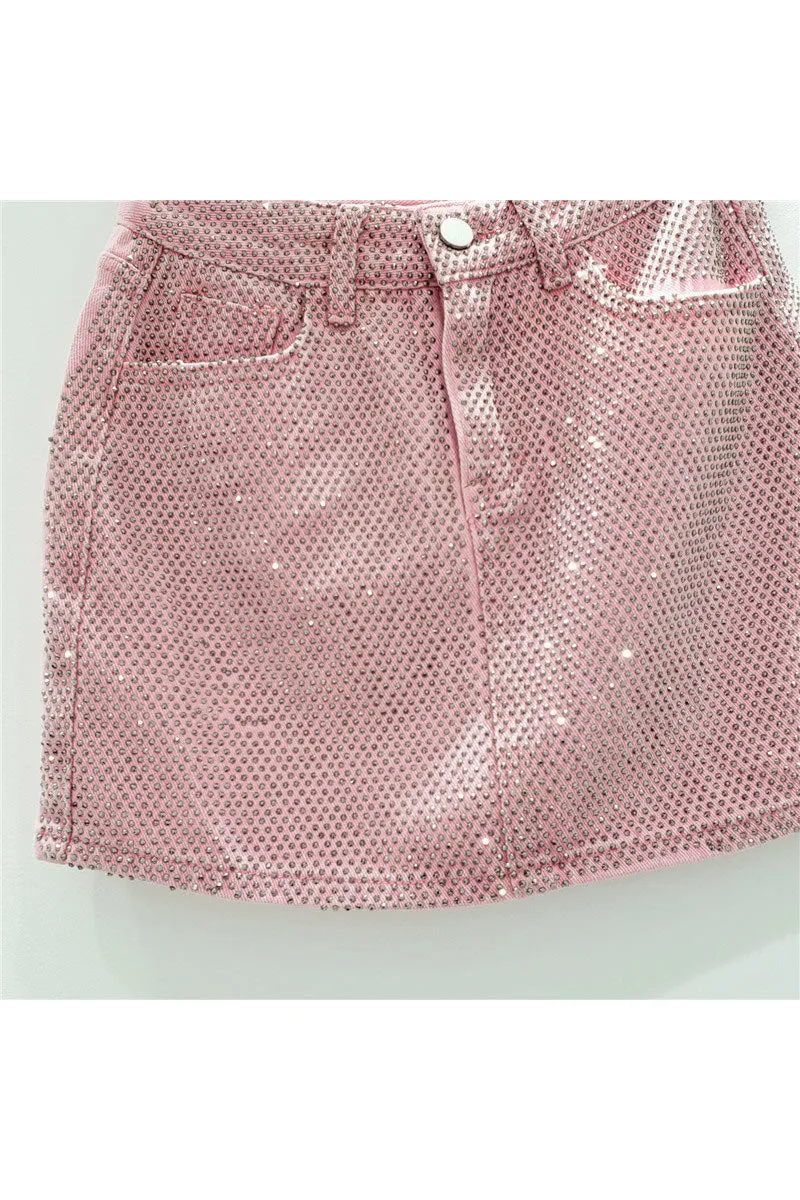 QD218 Rhinestones Denim Short Skirt