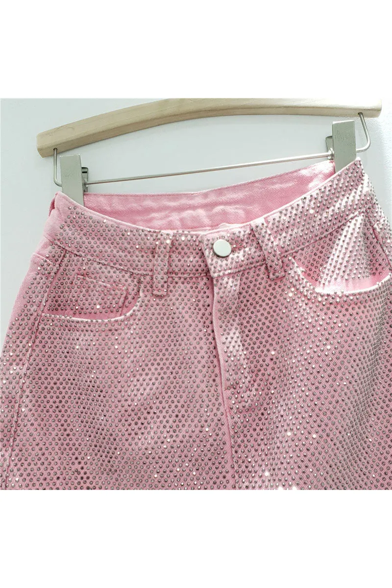 QD218 Rhinestones Denim Short Skirt
