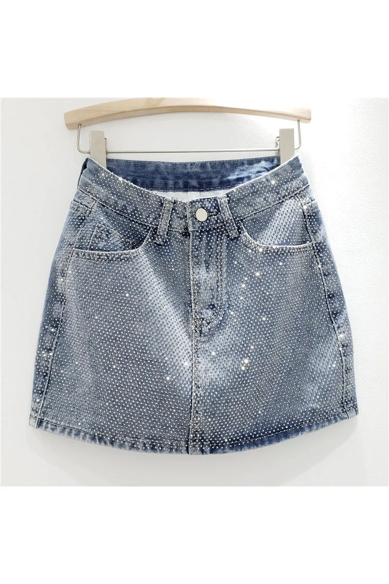 QD218 Rhinestones Denim Short Skirt