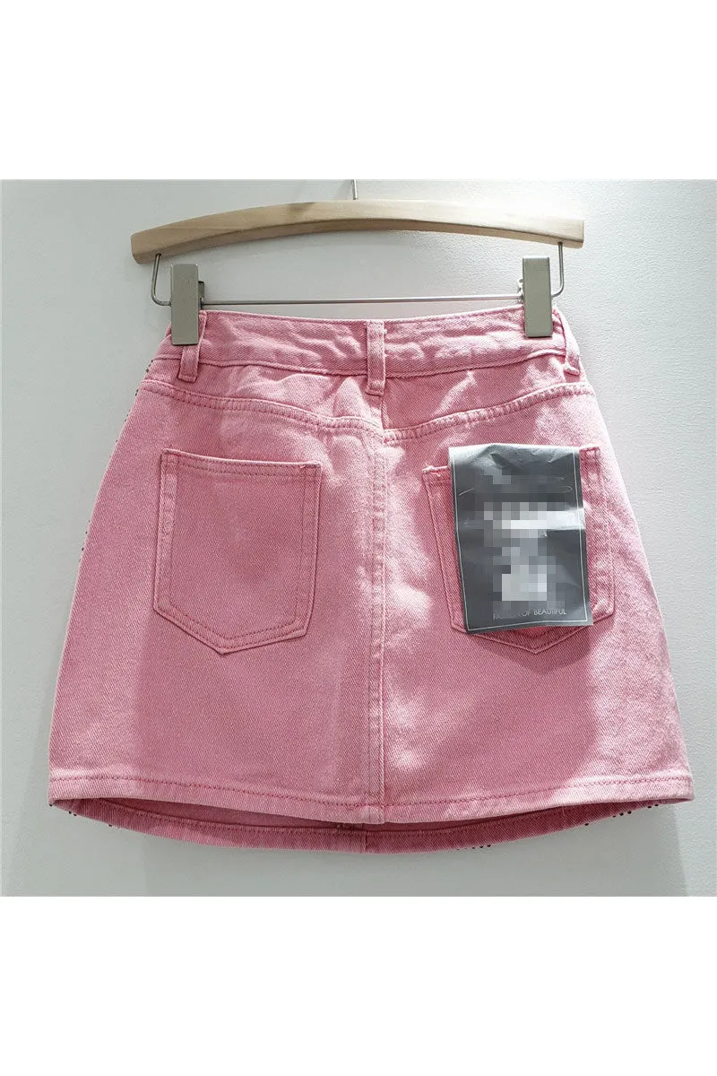 QD218 Rhinestones Denim Short Skirt