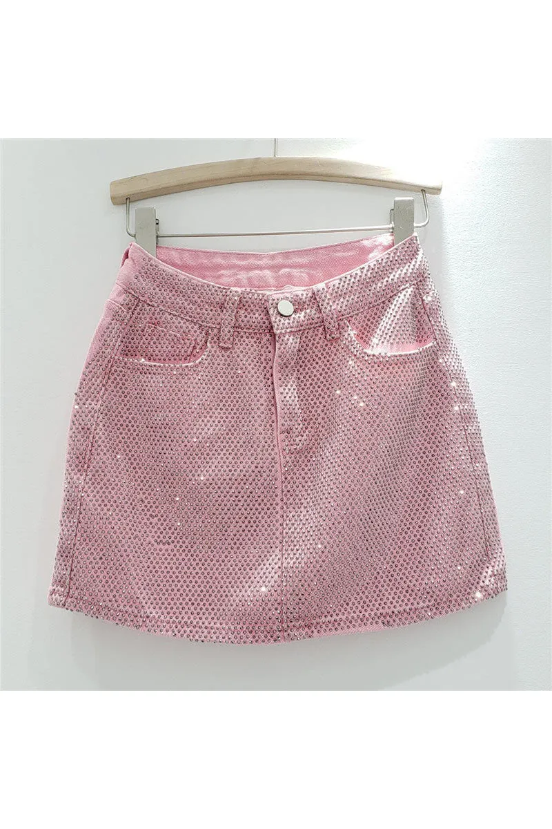 QD218 Rhinestones Denim Short Skirt