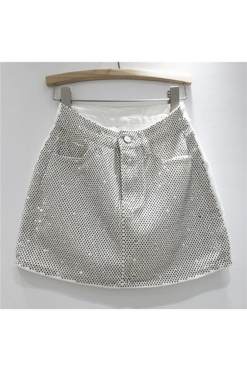 QD218 Rhinestones Denim Short Skirt