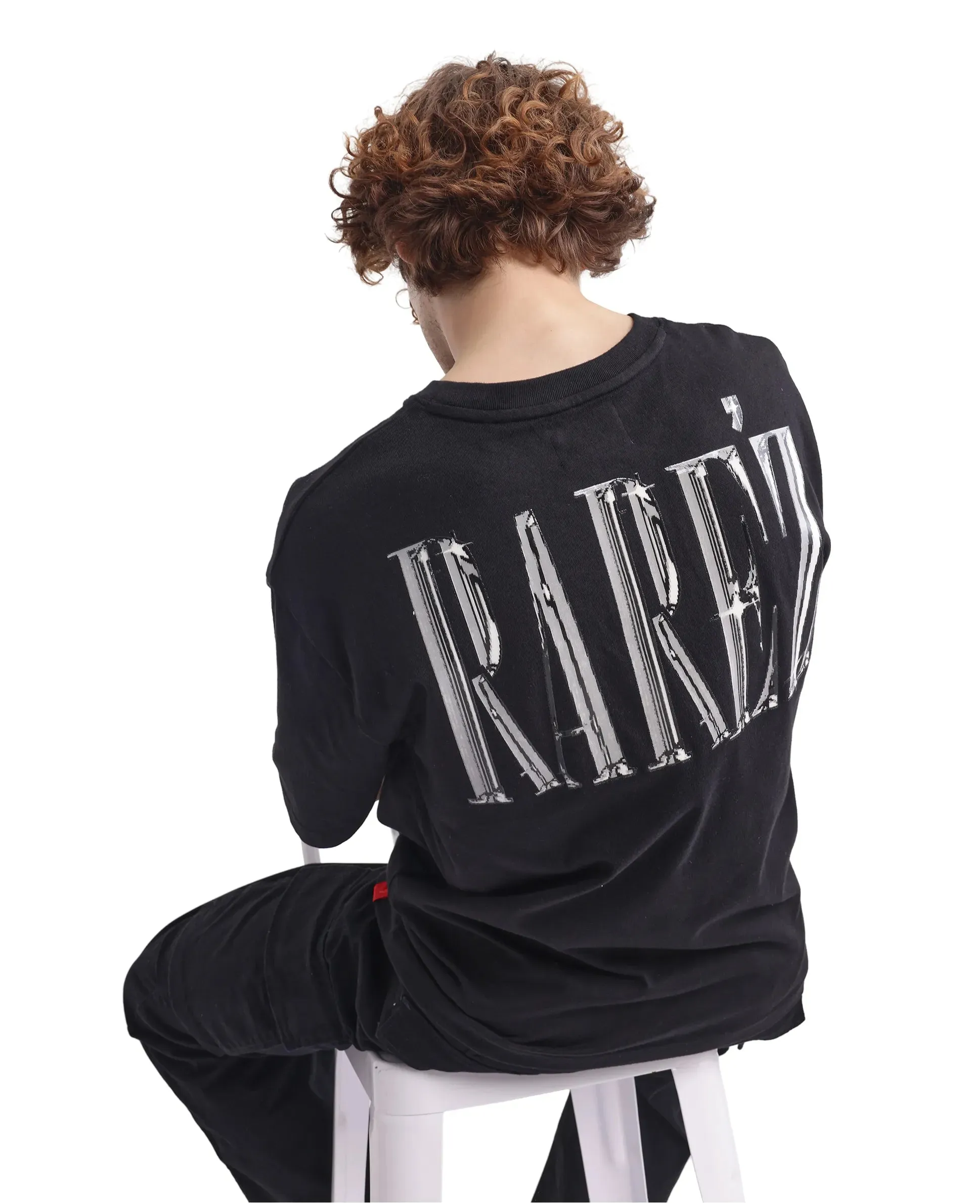 Rare Rabbit Men Keltz Black Cotton Fabric Short Sleeve Crew Neck Oversized Fit Printed T-Shirt