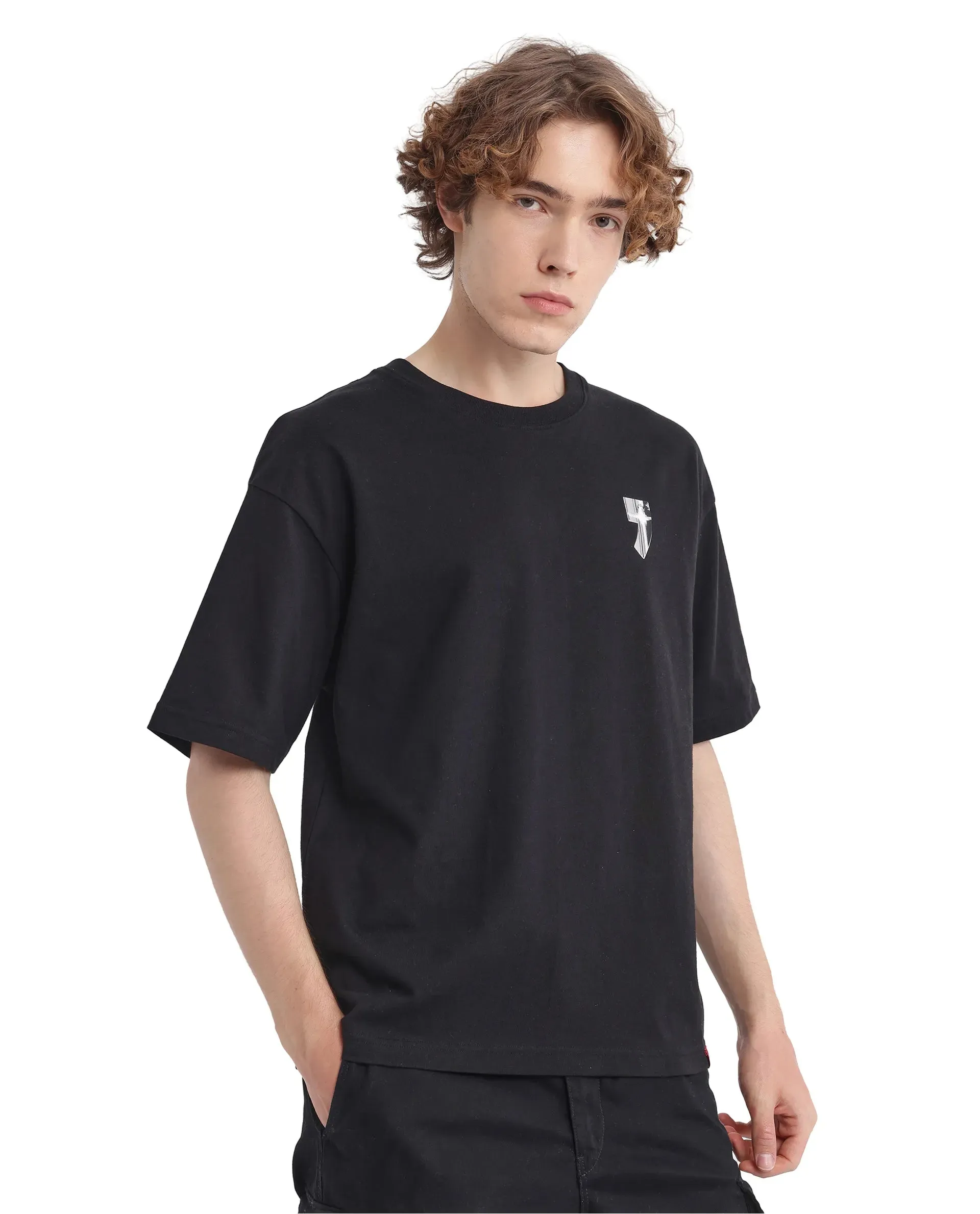 Rare Rabbit Men Keltz Black Cotton Fabric Short Sleeve Crew Neck Oversized Fit Printed T-Shirt